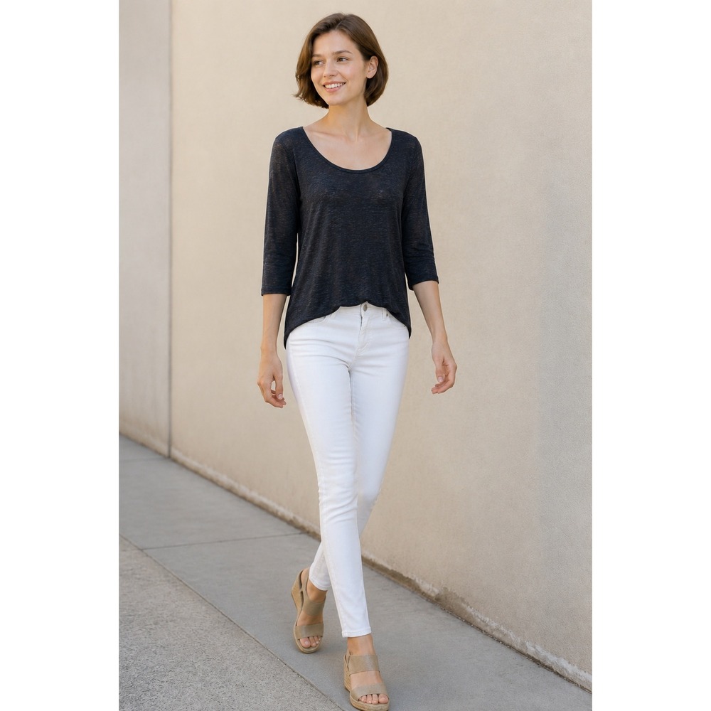 INHABIT Navy Charcoal 72% Linen Blend Two Tone Knit Crewneck Sweater S $225
